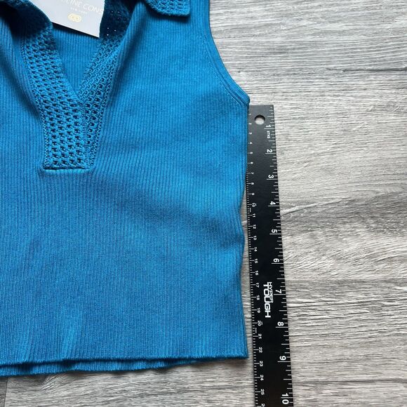 Caroline Constas Blue ribbed crochet Knit V-Neck Crop top designer NWT Small - Picture 5 of 7